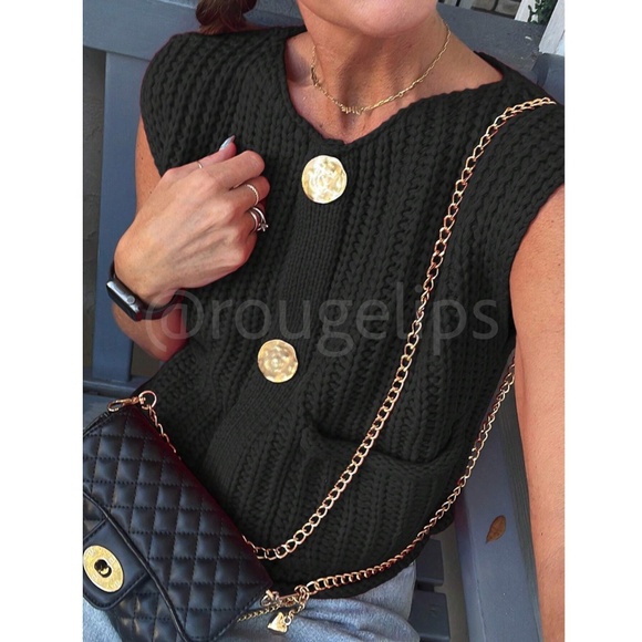 Rouge! Sweaters - Black Chunky Knit Crop Cardigan Top Vest Yellow Gold Button Up with Pockets
